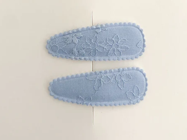 Linen Snap Clips - Baby Blue Embroidery