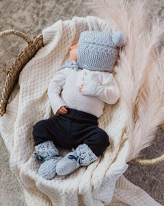 Blue Merino Wool Baby Bonnet & Booties Set