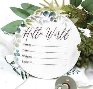 Birth Announcement Card - Hello World Leafy Foliage