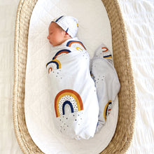 Load image into Gallery viewer, Organic Jersey Swaddle - Navy Rainbow