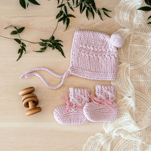 Pink Merino Wool Baby Bonnet & Booties Set