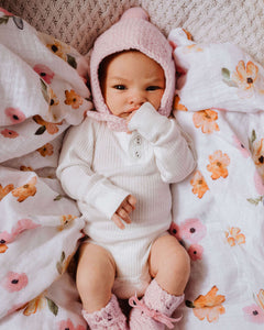 Pink Merino Wool Baby Bonnet & Booties Set